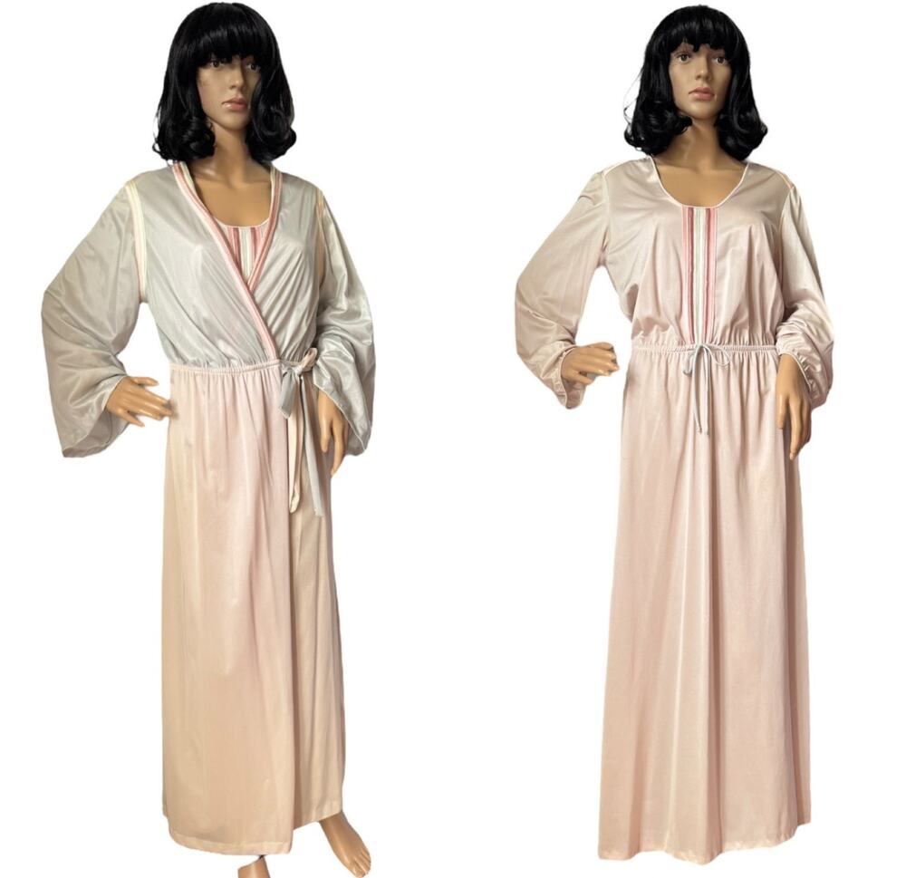 Vintage 1970s Sears Pink & Grey Satin Robe Nightgown Set medium